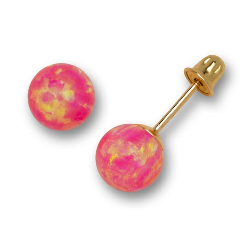 14K Yellow Gold Colors of Created Opal 6mm Ball Post Stud Screw-back Earrings - pink-yellow - Pink