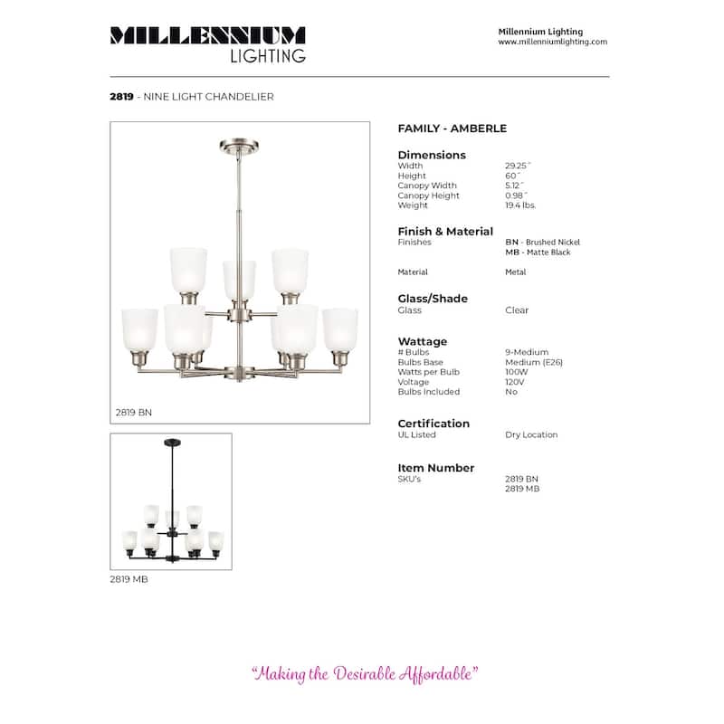 Millennium Lighting Amberle 2 Tier Brushed Nickel or Matte Black 9 Light Chandelier with Frosted White Shades - Matte Black