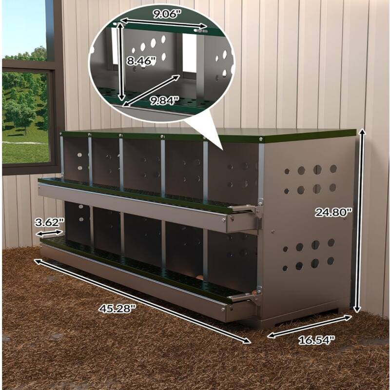 Metal Chicken Nest Egg-laying Box, Wall-mounted Hen Egg-laying Box, 2 Layers, 10 Compartments, Green