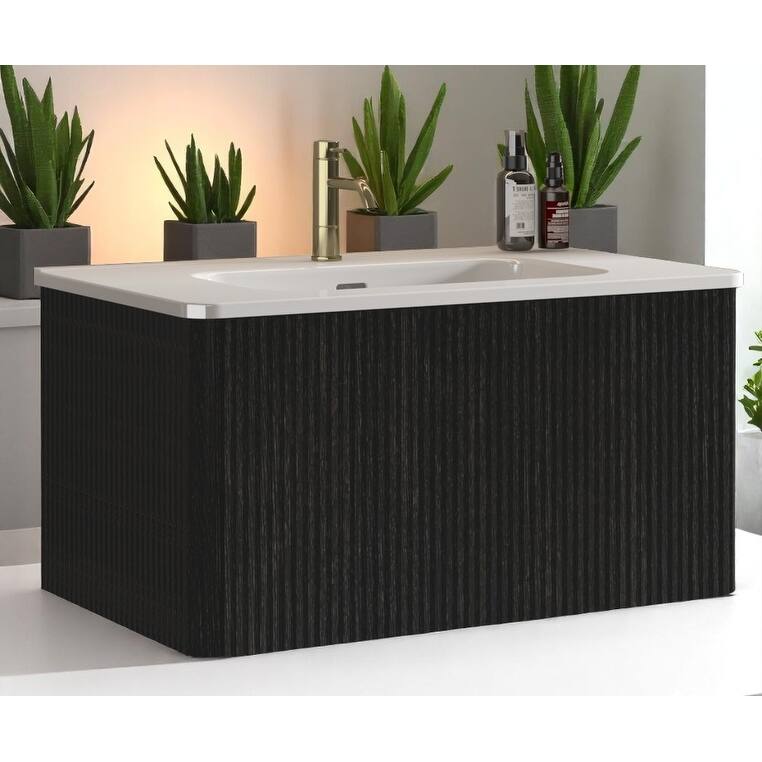 36" Floating Bathroom Vanity, Integrated Ceramic Sink, Push-Open Drawer & U-Shape Wall Fitting,Wall-Mounted MDF Vanity Cabinet
