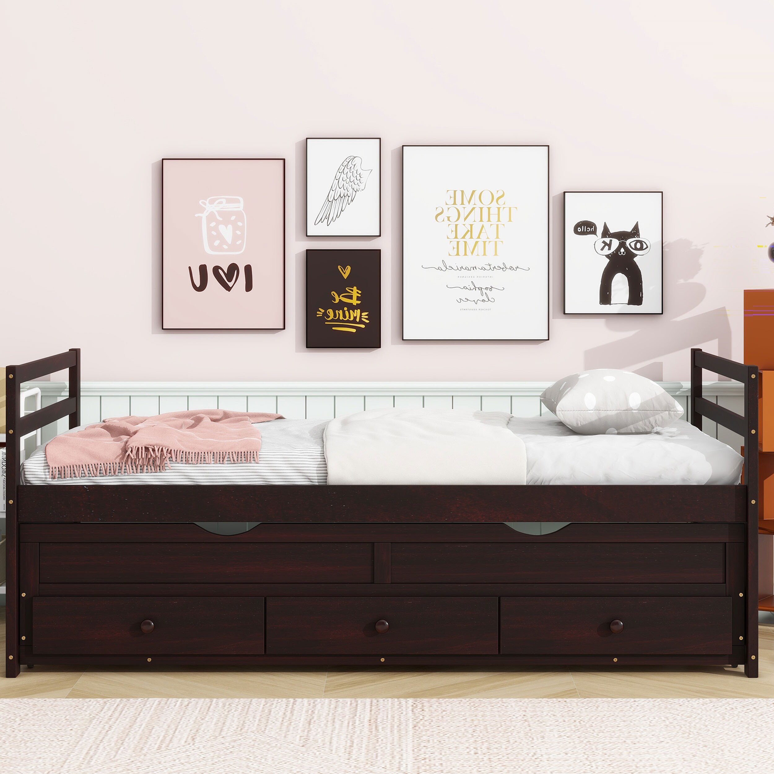 Twin Bed with Trundle and Storage Drawers - Classic Design, Solid Pine Wood with Headboard & Footboard