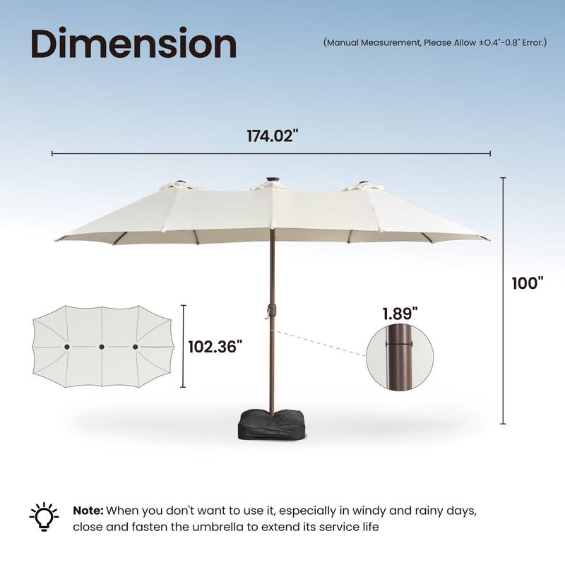 ​OVIOS 15ft Double-Sided Patio Outdoor Umbrella with Crank & Light