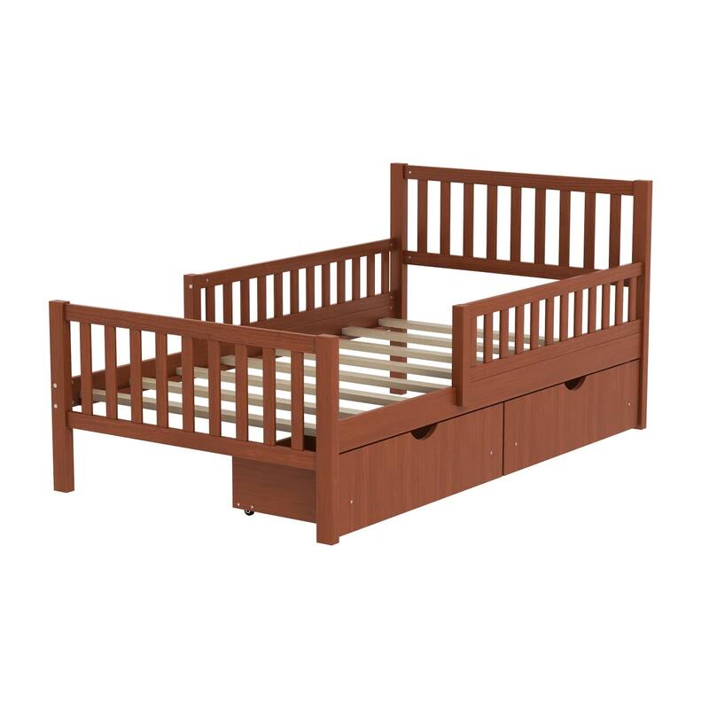 Solid Wood Platform Bed Frame with Guardrail, Drawer