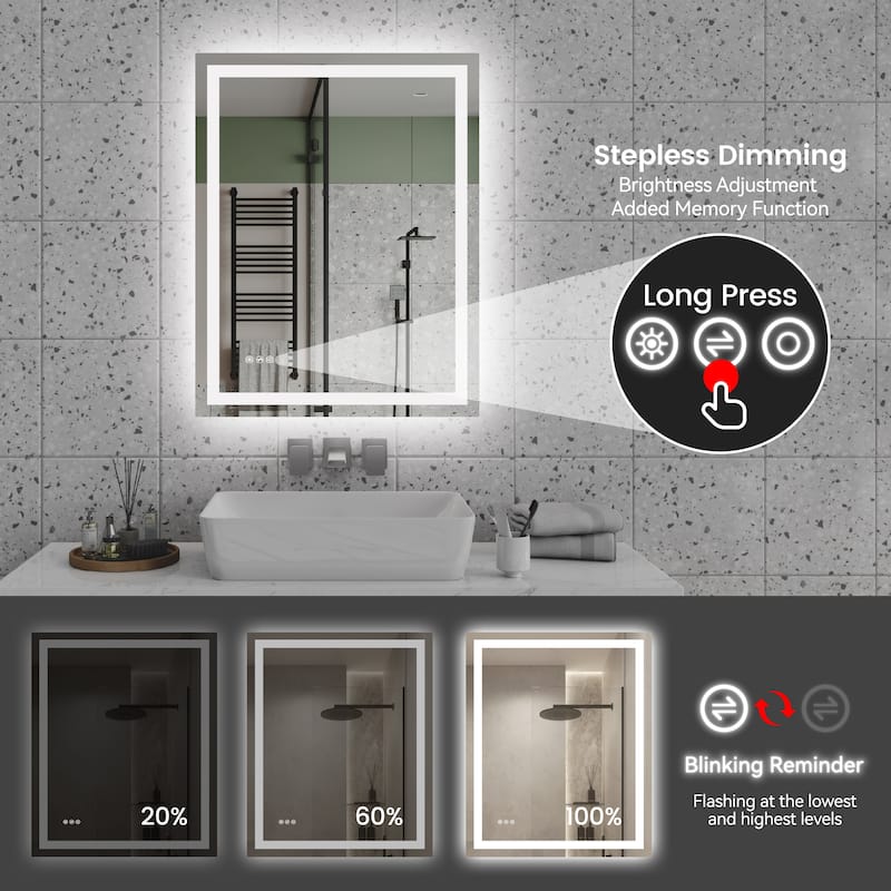 Silver Aluminum LED Bathroom Mirror with Anti-Fog, Dimming and Color Control - Dimensions: 28" x 36"
