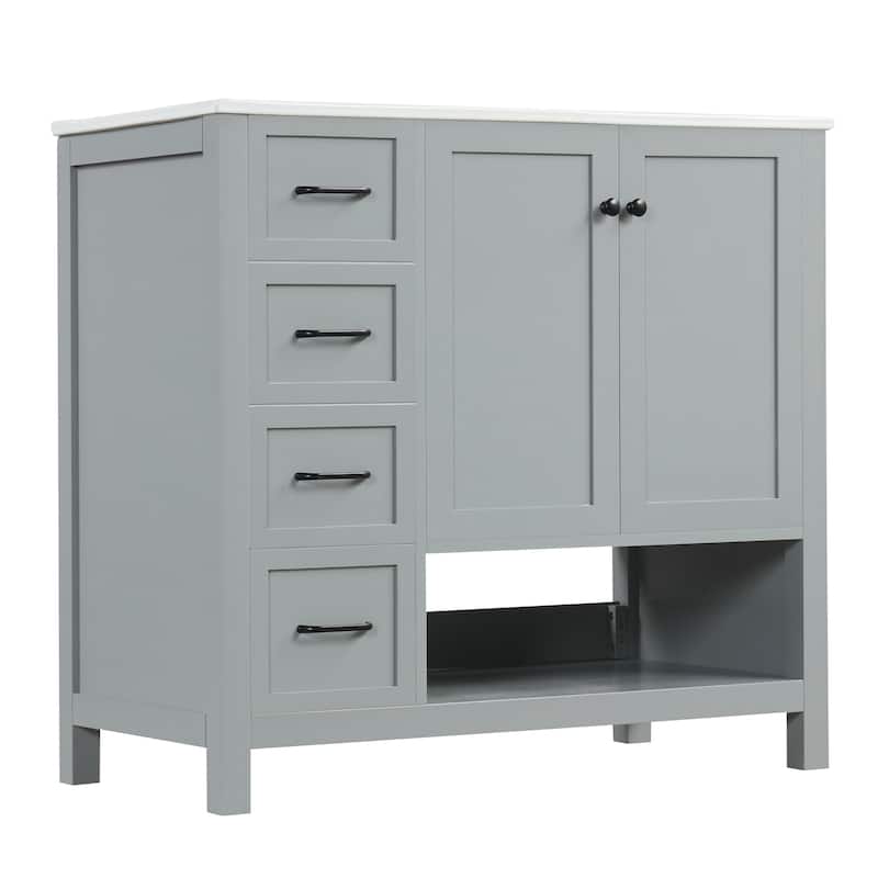 Roomfitters 36" Bathroom Vanity with Sink Top Cabinet with 2 Doors 2 Drawers Open Shelf Solid Wood and MDF Boards