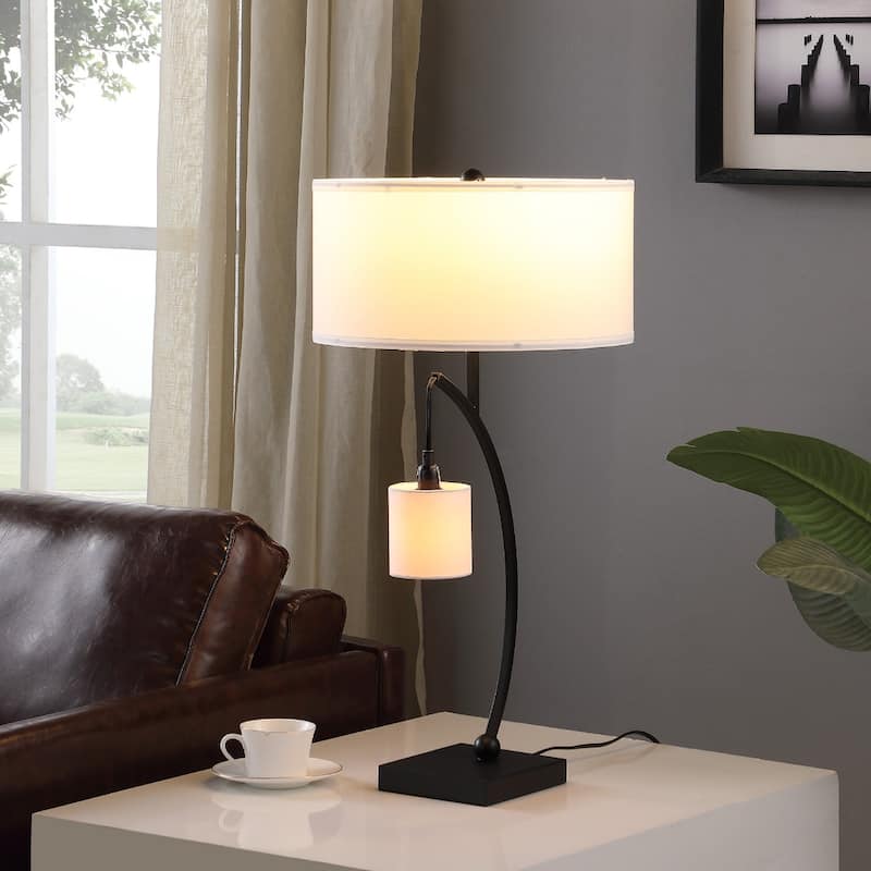29" Metal Two Light Arched Table Lamp with White Drum Shade - 28.5" H x 15" W x 15" D
