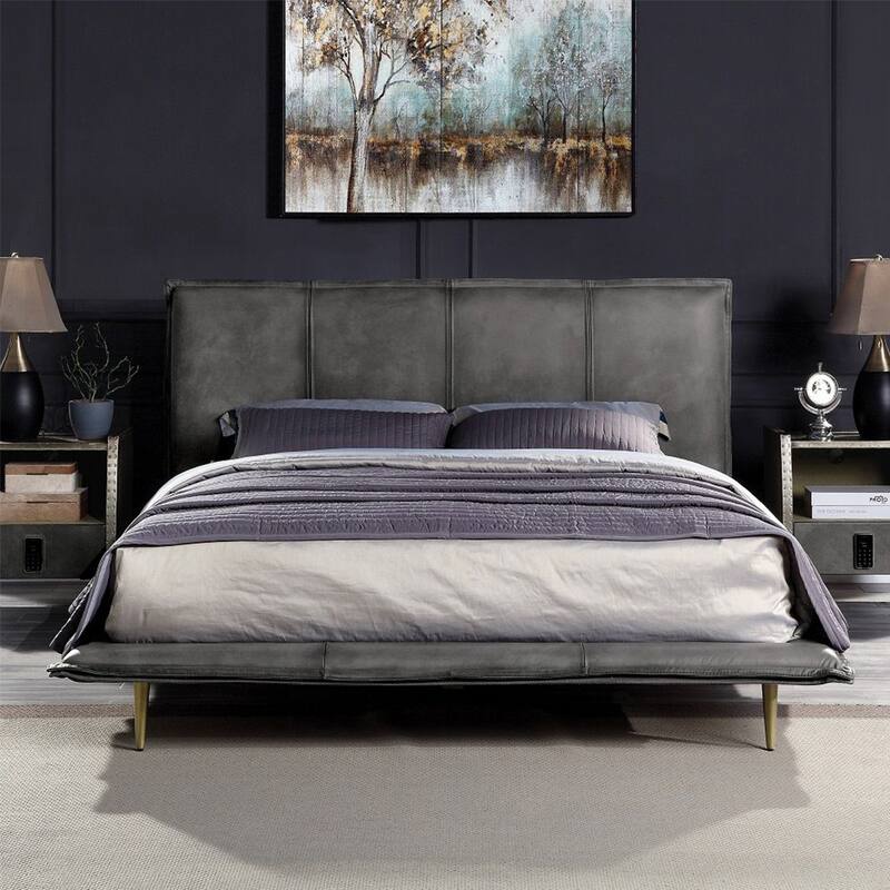 Top Grain Leather Bed with Metal Legs in Gray Finish