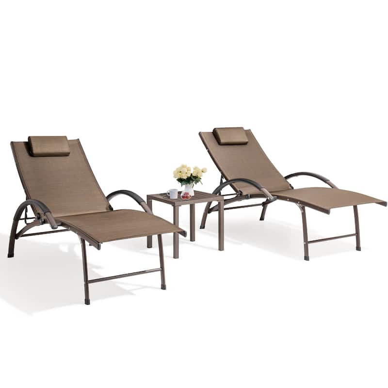 3-piece Outdoor Adjustable Aluminum Reclining Chaise Lounge Chairs with Wheels and Side Table Set