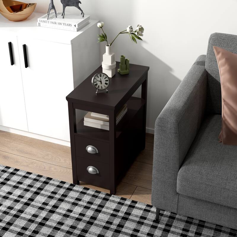 End Table, Narrow Chairside Table with Drawer and Open Storage Shelf