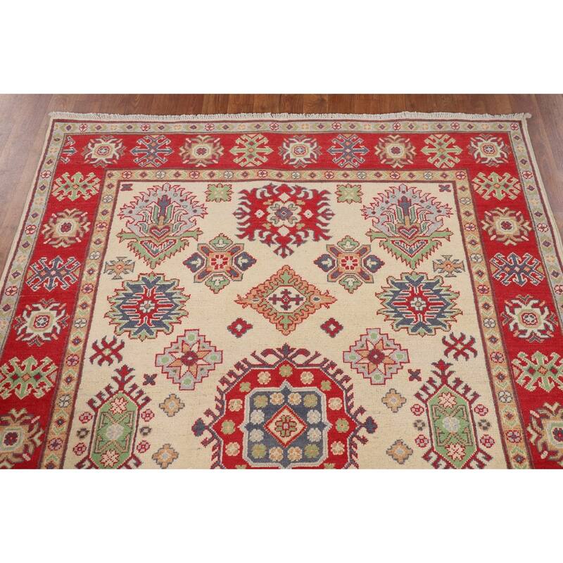 Geometric Kazak Oriental Area Rug Hand-Knotted Living Room Wool Carpet - 4'10" x 6'4"