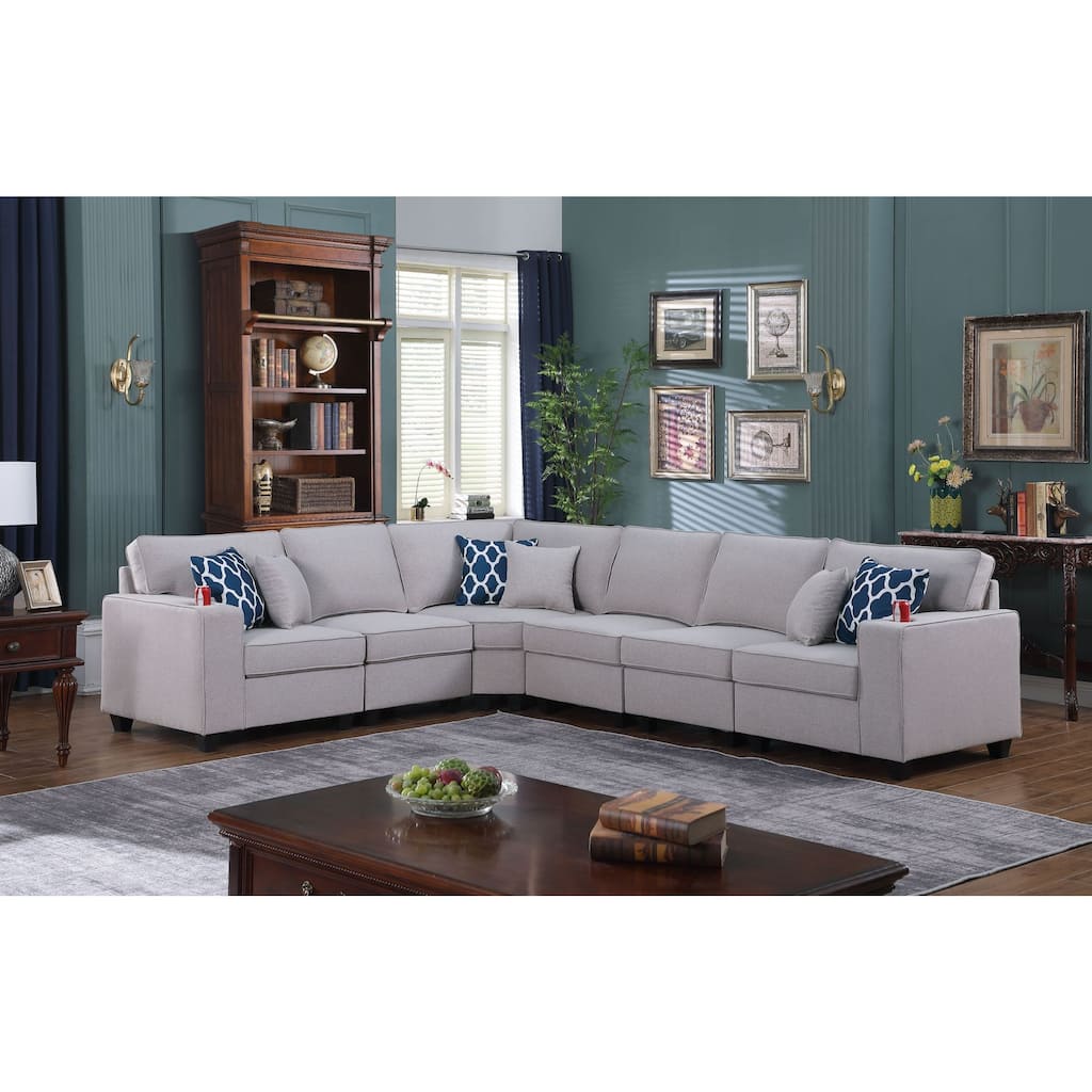6 Piece Linen Upholstered L-Shape Sectional Sofa in Light Gray