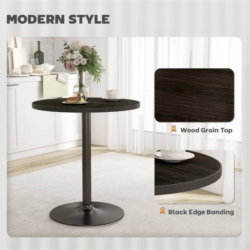 Modern Black Round Dining Table with Wood Grain Top and Metal Base Space-Saving Design for Kitchen - 27.6" Dia. x 29.9" H