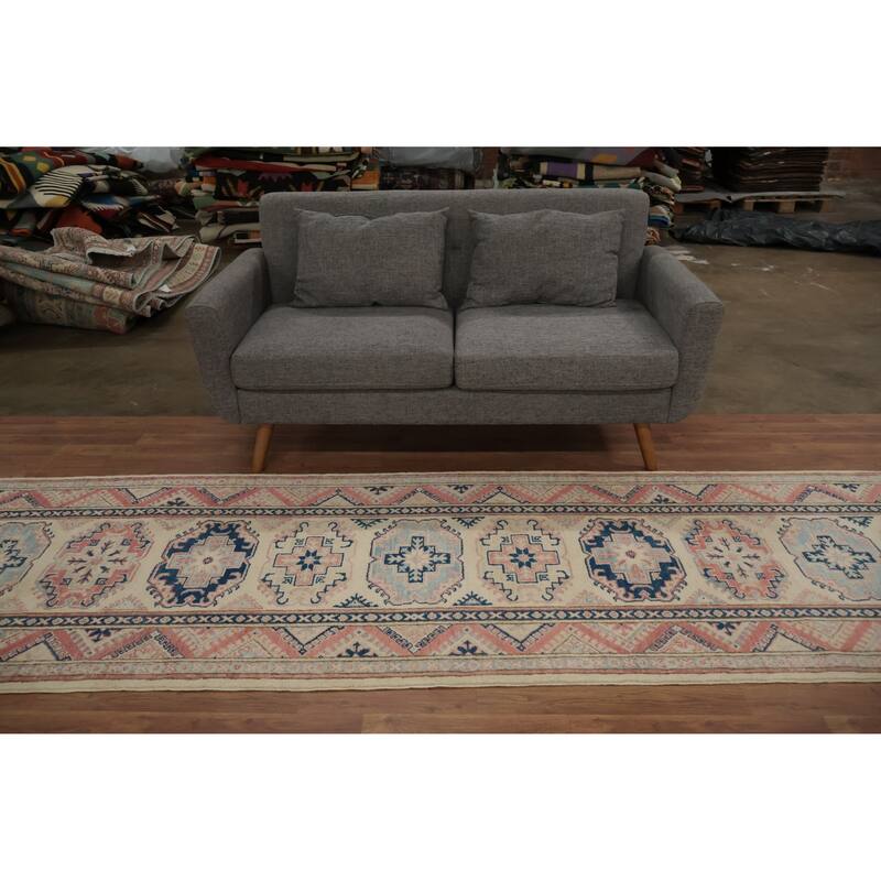 Hand Knotted Oriental 100% Wool Carpet Traditional Geometric Beige & Ivories Kazak Runner Rug - 16' 3'' X 3' 2''