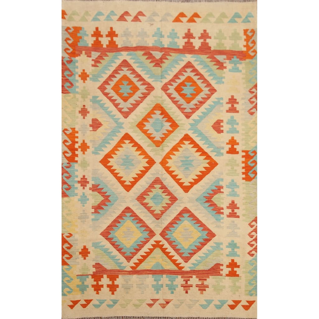 Hand Woven Oriental 100% Wool Carpet Southwestern Geometric Multi-Colored Kilim Area Rug - 6' 10'' X 4' 9''