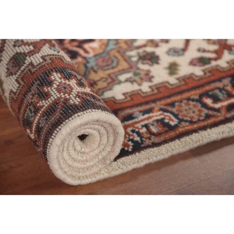 Geometric Beige Heriz-Serapi Oriental Runner Rug Handmade Wool Carpet - 2'6"x 8'0"