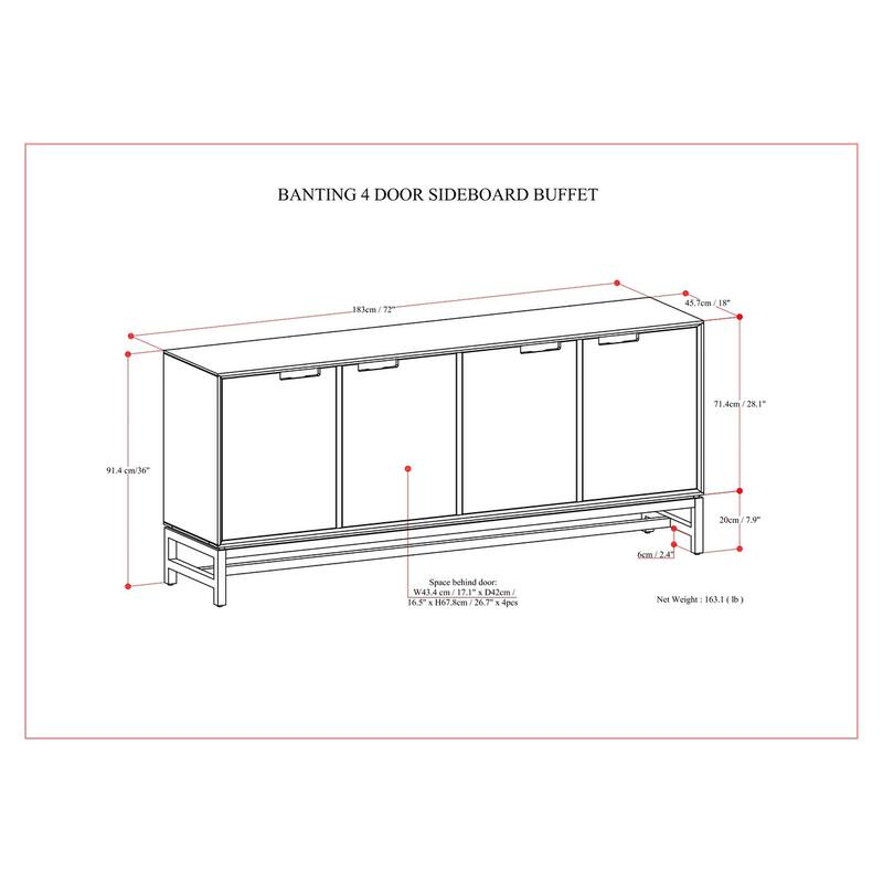 WYNDENHALL Devlin SOLID HARDWOOD & Metal 72 inch Wide Rectangle Modern 4 Door Sideboard Buffet in Walnut Brown