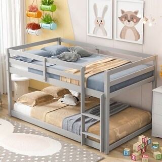 Twin over Twin Floor Bunk Bed with Ladder & Guardrails, Wood Bedframe
