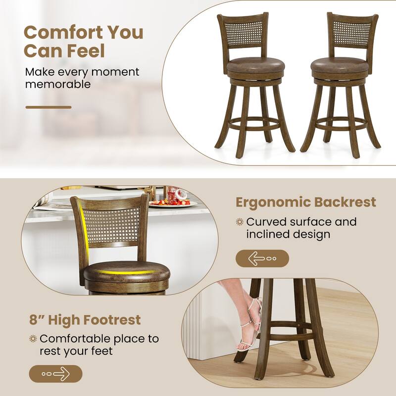 Gymax Set of 2 Bar Stools 25'' Swivel Bar Chairs w/ PE Rattan Backrest