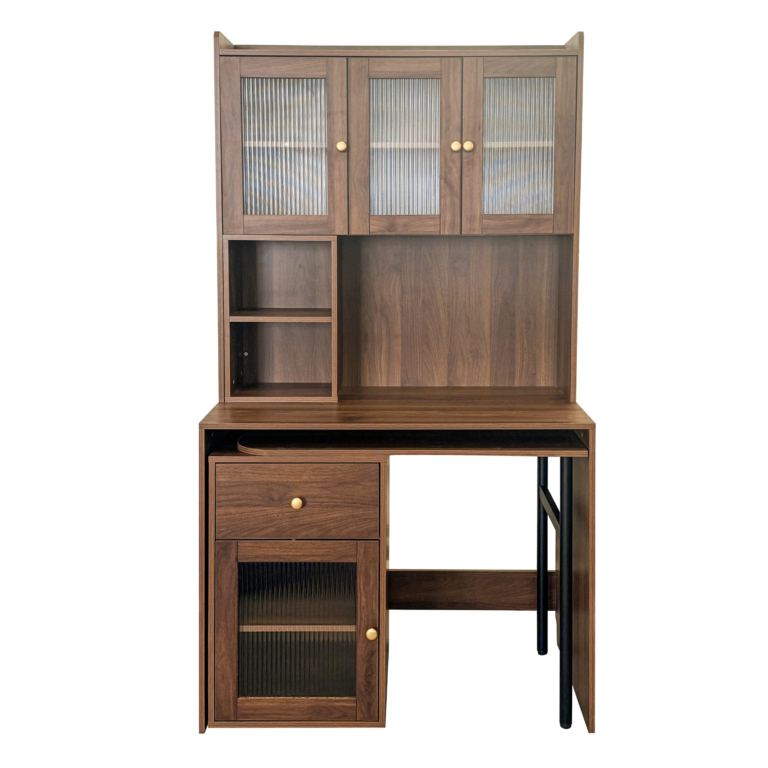 Computer Desk with 90° Swivel Top, Glass Door Storage, Bookshelf
