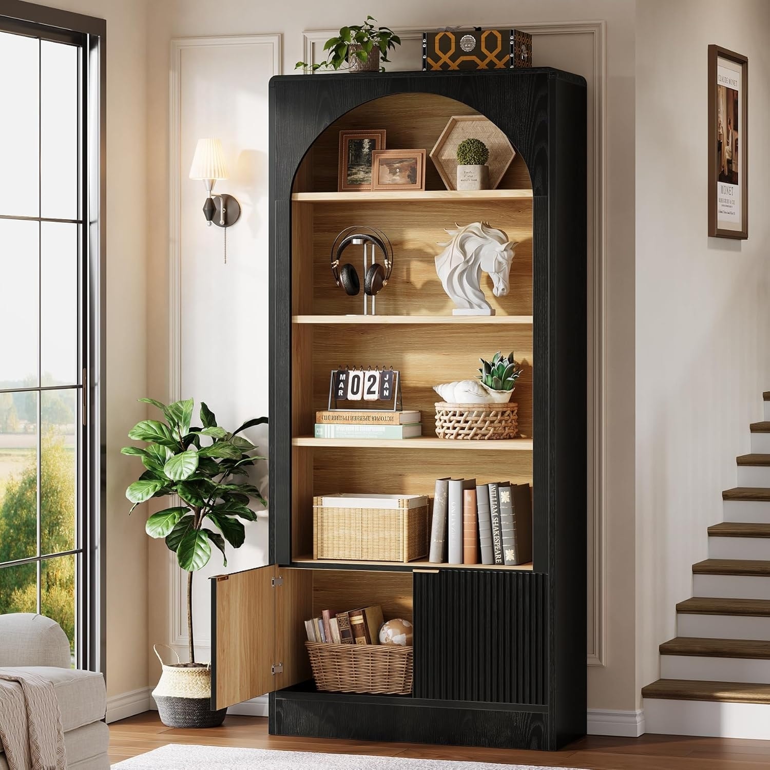 71-Inch Tall Bookcase with Storage Cabinet and Fluted Doors for Living Room, Home Office
