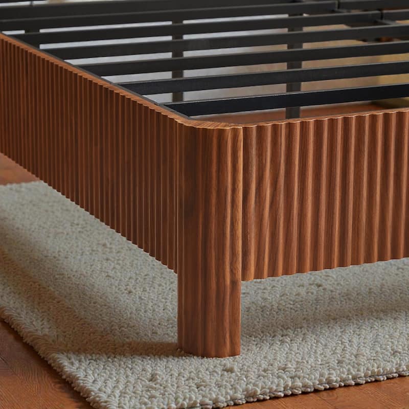 Wood Bed Frame with Corrugated Curved Wood Panels, Heavy Duty Metal Support, No Box Spring Needed