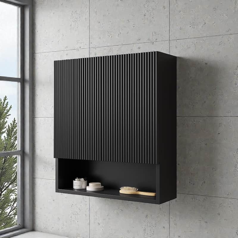 26" Wall-Mounted Striped Bathroom Storage Cabinet with Doors, Shelf & Open Compartment, Over-The-Toilet Organizer - Black