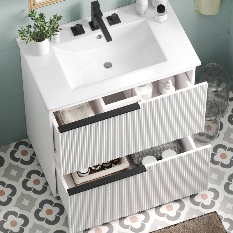 30" Bathroom Vanity with Ceramic Sink and Full-Extension Drawers, Soft Close Undermount Drawer Slides, Fluted Design, Natural
