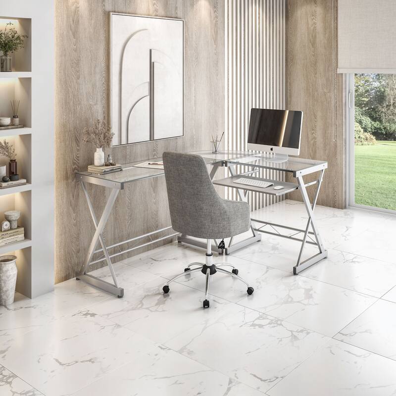 Techni Mobili L-Shaped Tempered Glass Top Computer Desk
