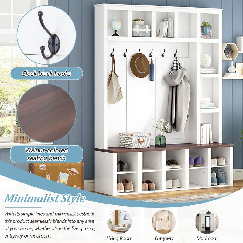 Farmhouse 4-in-1 Hall Tree with Shoe Cabinet, Entryway Storage Bench with 13 Cubbies, Coat Rack w/ Adjustable Shelves & 6 Hooks