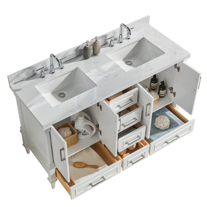 GDFStudio - Modern 60" Freestanding Bathroom Vanity with Dual Engineered Carrara Marble, Fully Assembled