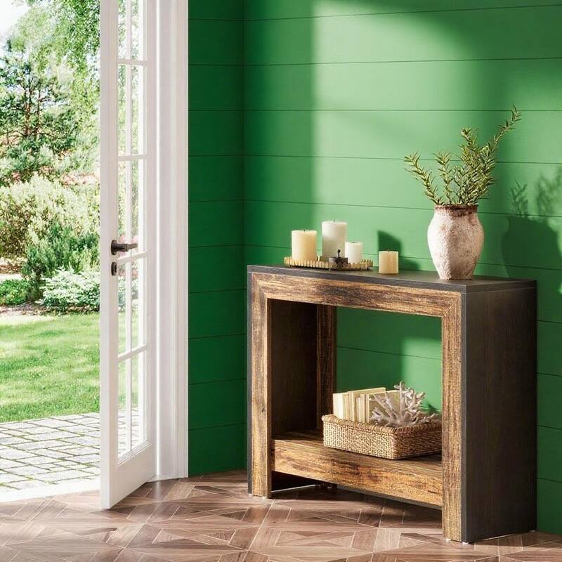 Brown-Natural Particleboard Farmhouse Console Table with Open Shelf - 41.34” L x 11.81 W x 31.5 H