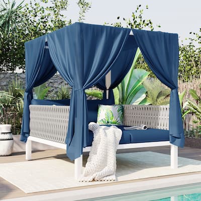 Blue Versatile Outdoor Lounger Sunbed with Canopy, Curtains and Water-resistant Cushions, Premium Rubber Core Rope Weaving