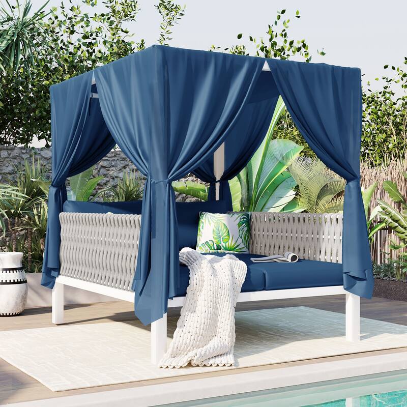 Blue Versatile Outdoor Lounger with Canopy - Blue