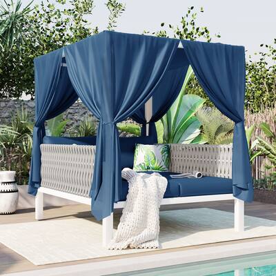 Outdoor Patio Sunbed Double Daybed Lounger with Canopy and Cushions, High Comfort, Water-Resistant, for Patio and Garden