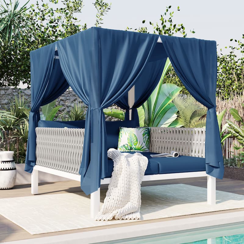 Outdoor Patio Sunbed with Curtains, High Comfort, Suitable for Multiple Scenarios - Blue