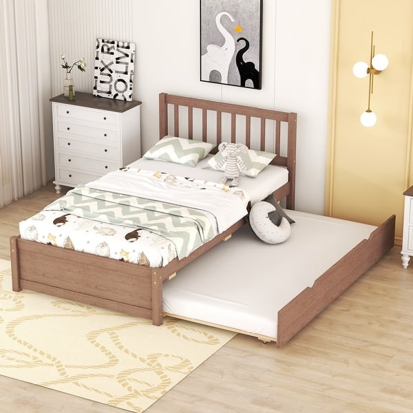 slide 2 of 25, Twin Size Wooden Platform Bed Frame with Trundle Bed & Headboard Walnut - Twin