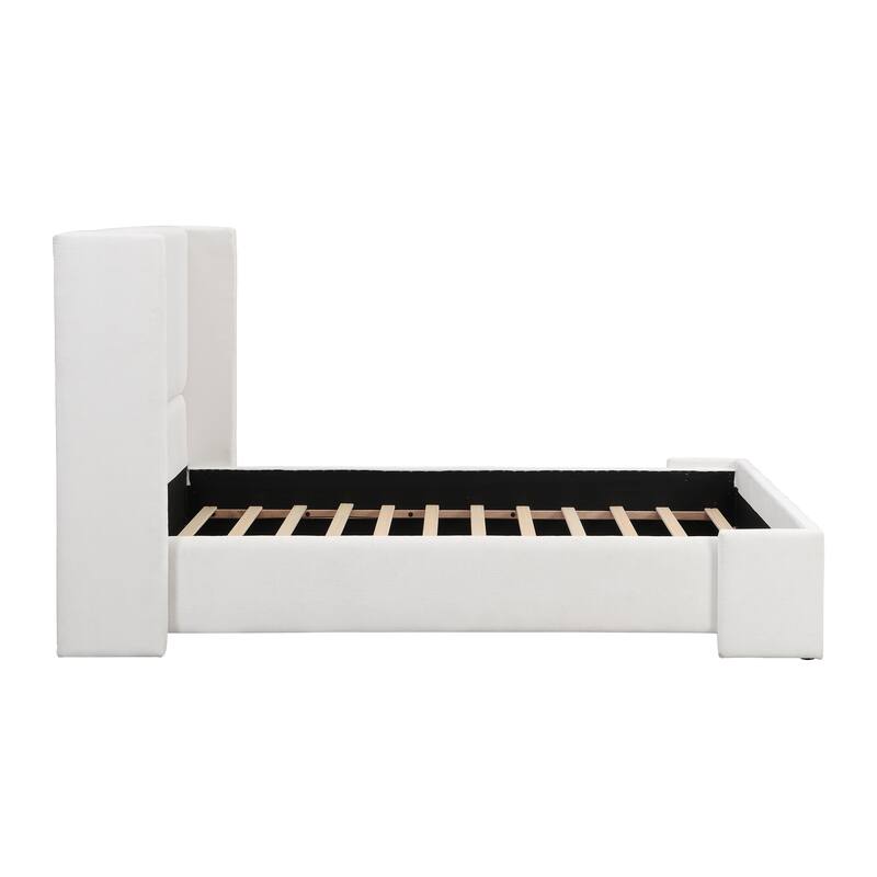 Roomfitters Wingback Upholstered Bed with Tall Headboard, White Fabric, Modern Design