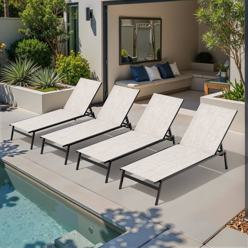 Outdoor Patio Adjustable Chaise Lounge Chairs Stackable Recliner - Beige - 4PC