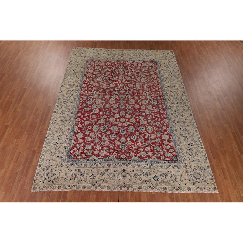 Distressed Floral Tabriz Persian Antique Rug Hand-Knotted Wool Carpet - 9'3" x 12'5"