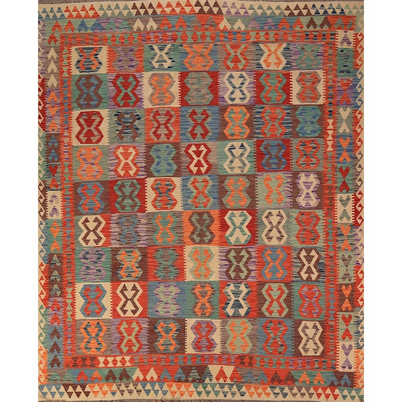 Reversible Kilim Area Rug Hand-Woven Wool Carpet - 8'5" x 9'8"