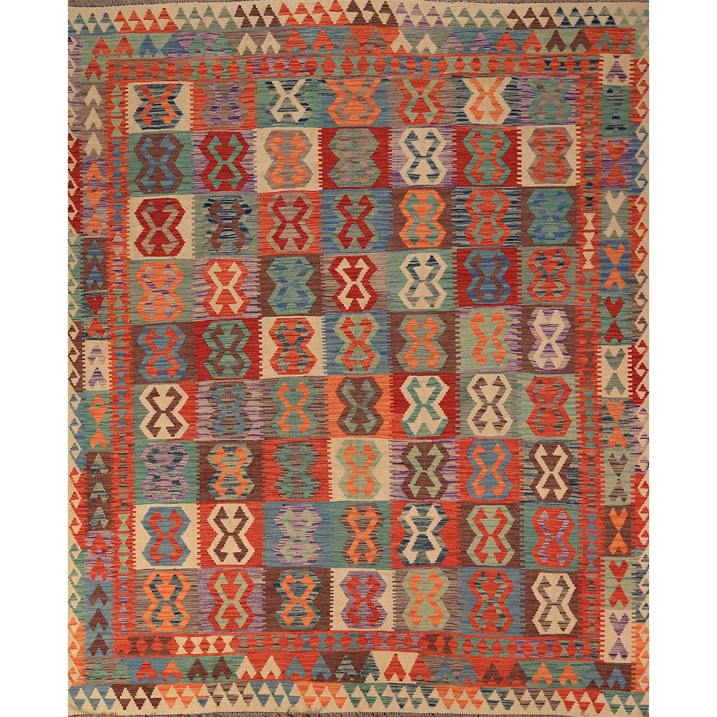 Reversible Kilim Area Rug Hand-Woven Wool Carpet - 8'5" x 9'8"