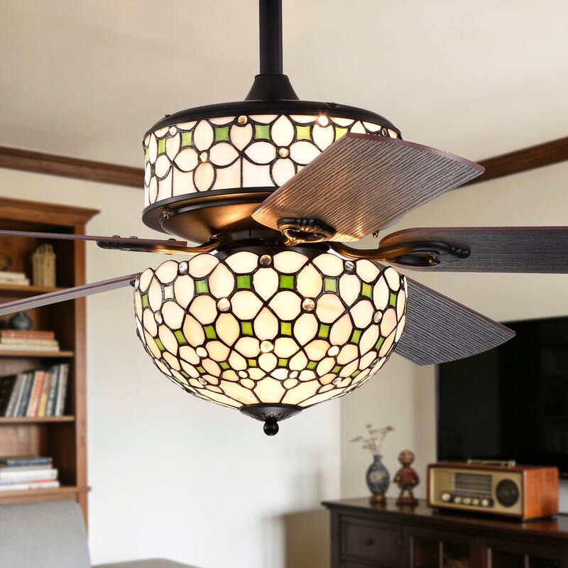 Guarvey 52-Inch Flushmount Two-Tiered Lighted Ceiling Fan Ivory Tiffany Glass Lamp Black Finish