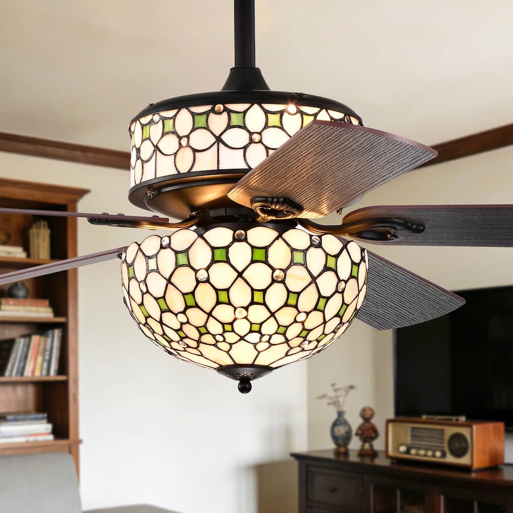 Guarvey 52-Inch Flushmount Two-Tiered Lighted Ceiling Fan Ivory Tiffany Glass Lamp Black Finish