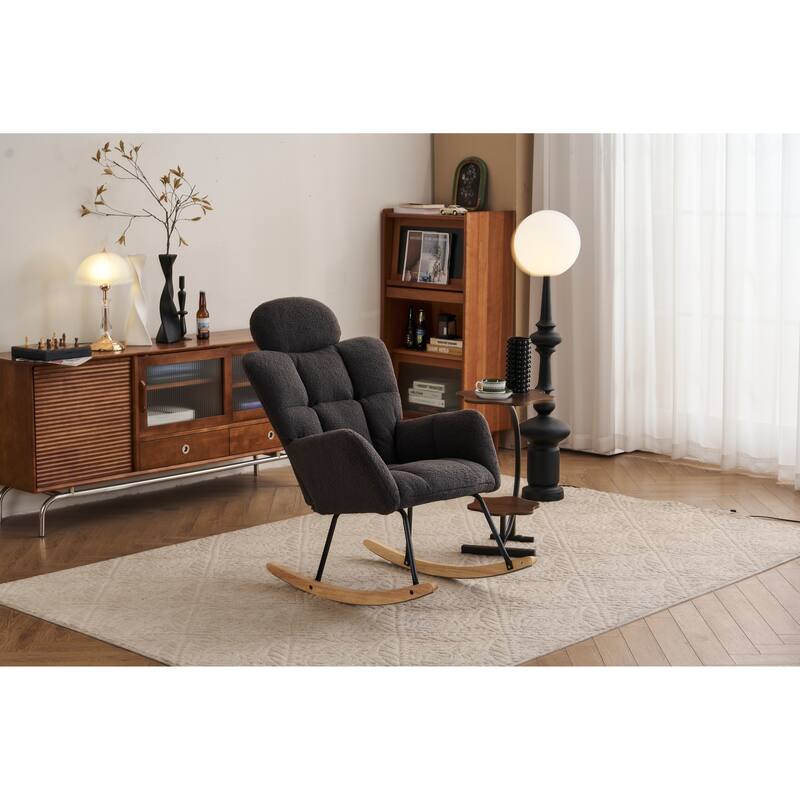 Comfortable Teddy Fabric Upholstered Rocking Chair with High Backrest and Pillows for Indoor Use