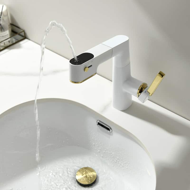 Single Handle Pull-Out Digital Display White Bathroom Faucet
