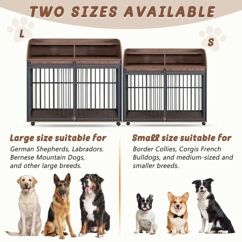 44" Heavy Duty Dog Crate Furniture with Lockable Wheels, Storage & Sliding Door for Medium to Large Dogs