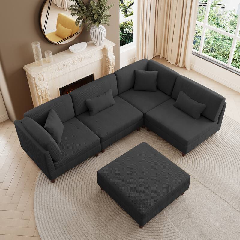 Corduroy Convertible Couch Modular Sectional Sofa with Ottoman