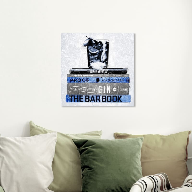 Wynwood Studio 'Luxe Bar Books Indigo' Drinks and Spirits Wall Art Canvas Print Cocktails - Blue, White - 20 x 20