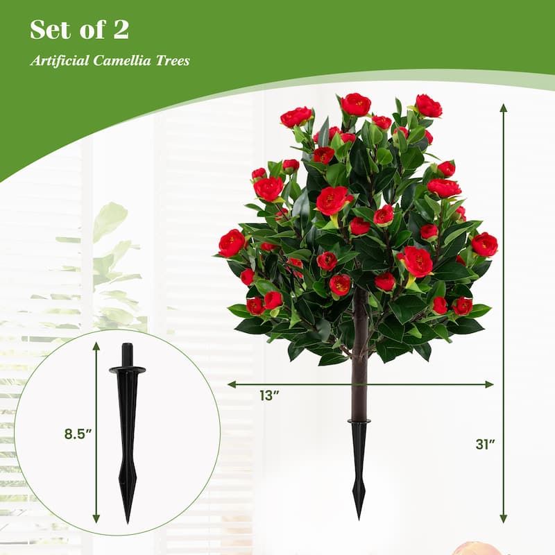 Artificial Camellia Tree Set of 2 with Red Flowers and Green Leaves for Indoor Outdoor Decor - 31"