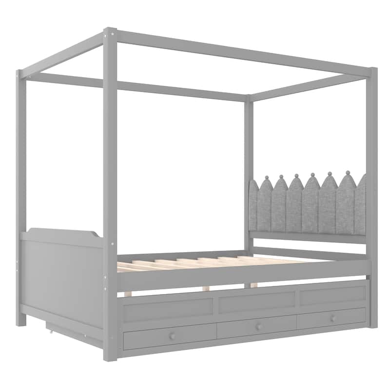 Full/Twin Platform Bed with Upholstered Headboard, Trundle & 3 Drawers, Princess Canopy Bed